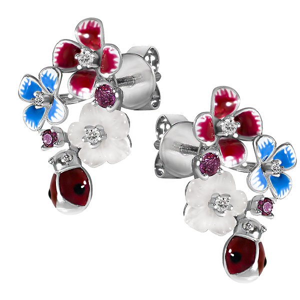 Сережки-пусети з білого золота з діамантами та емаллю Lurie Jewelry